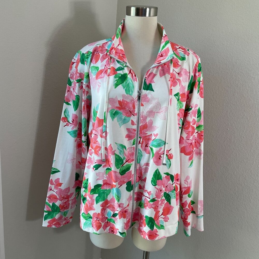 Tommy Bahama Womens XL Floral Zip Up‎ Jacket 100% Pima Cotton White Pink Green